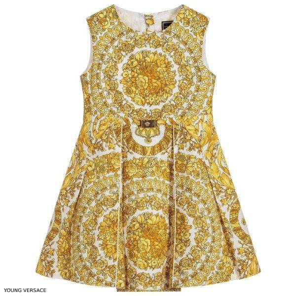Young Versace Girls Gold Baroque Print Dress