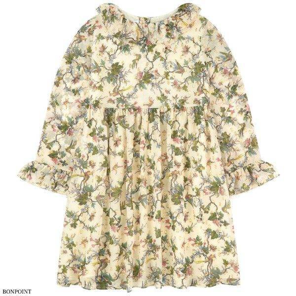 Bonpoint Beige Silk Blend Volie Floral Print Dress
