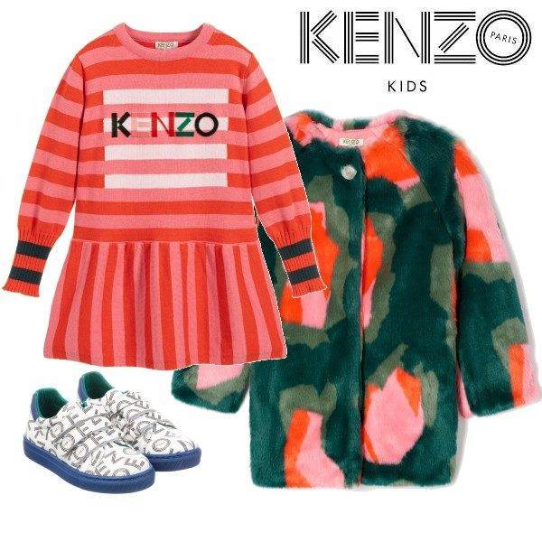 Kenzo Kids Red Pink Stripe Knit Dress Faux Fur Coat