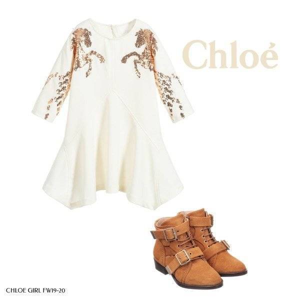 Chloe Girl Mini Me Ivory Crepe Horse Sequin Dress & Brown Boots