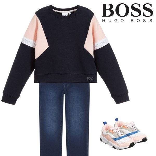 BOSS Girl Navy Blue & Pink Cropped Sweatshirt Blue Denim Jeans