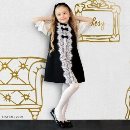 Lesy Girl Black & White Lace & Velvet Bow Party Dress