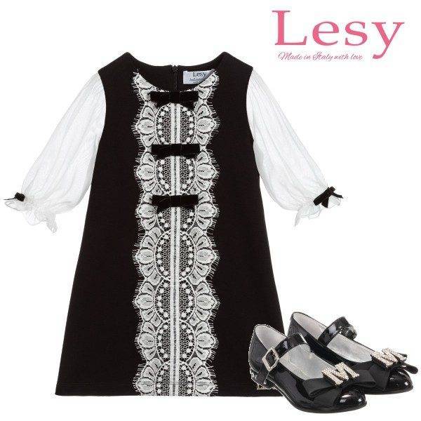 Lesy Girl Black & White Lace & Velvet Bow Party Dress Monnalisa Black Shoes