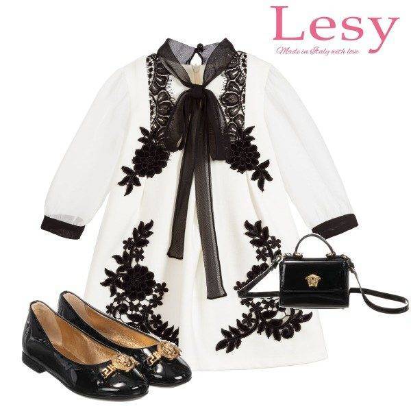Lesy Girl Ivory & Black Velvet Lace & Chiffon Party Dress Versace Black Shoes