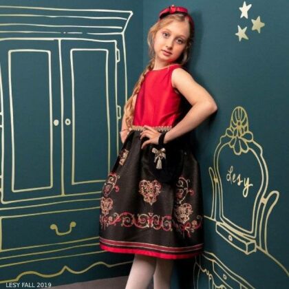 Lesy Girl Red & Black Jacquard Silk Filigree Pattern Party Dress