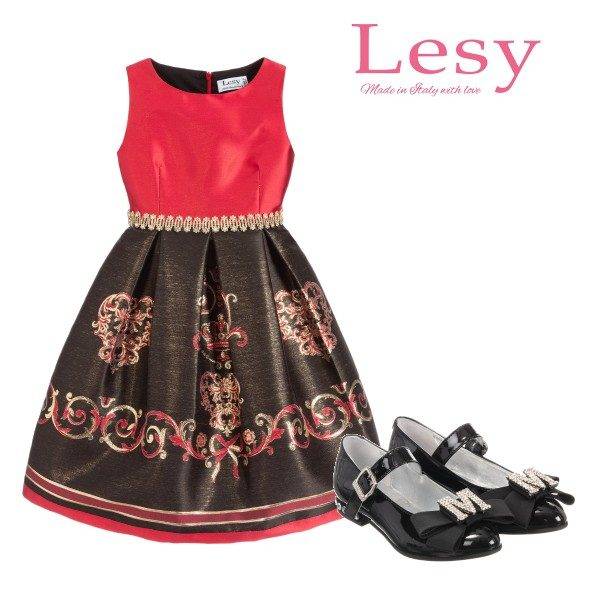 Lesy Girl Red & Black Jacquard Silk Filigree Pattern Party Dress Monnalisa Black Shoes