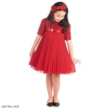 Lesy Girl Red Sparkly Pleated Chiffon Party Dress
