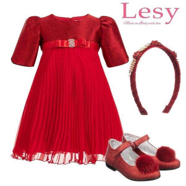 Lesy Girl Red Sparkly Pleated Chiffon Party Dress Monnalisa Glitter Shoes