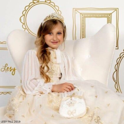 Lesy Girls Ivory & Gold Bow Crown Party Dress