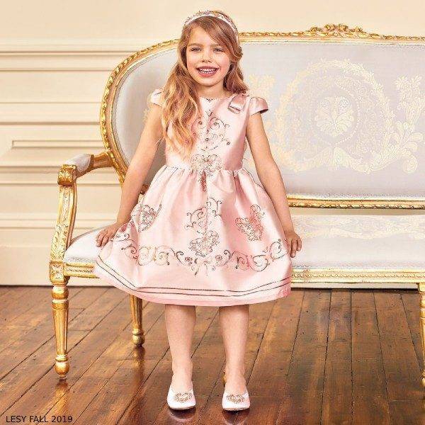 Lesy Pink Jacquard Jewelled & Embroidered Party Dress
