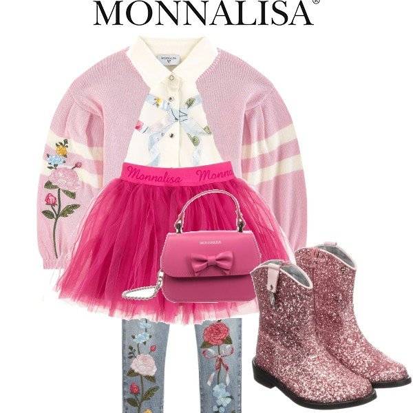 Monnalisa Girls Pink Tutu Skirt & Embroidered Denim Jeans Outfit
