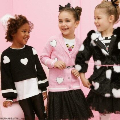 Monnalisa Girl Pink Panther Heart Cardiagn Sweater Black Tulle Skirt