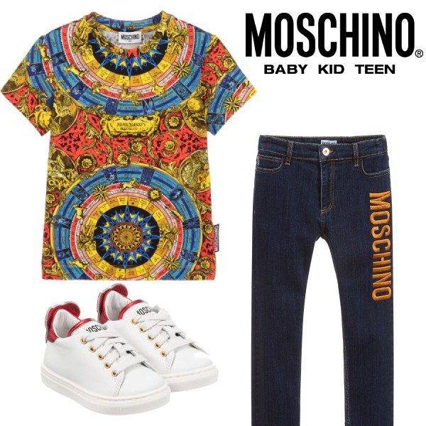 Moschino Boy Mini Me Red Blue Yellow Roman Scarf Print Tshirt Logo Denim Jeans