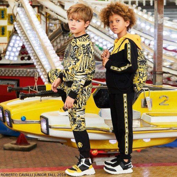 Roberto Cavalli Boys Black & Yellow Tiger Zip-Up Hoodie Sweatshirt Joggers