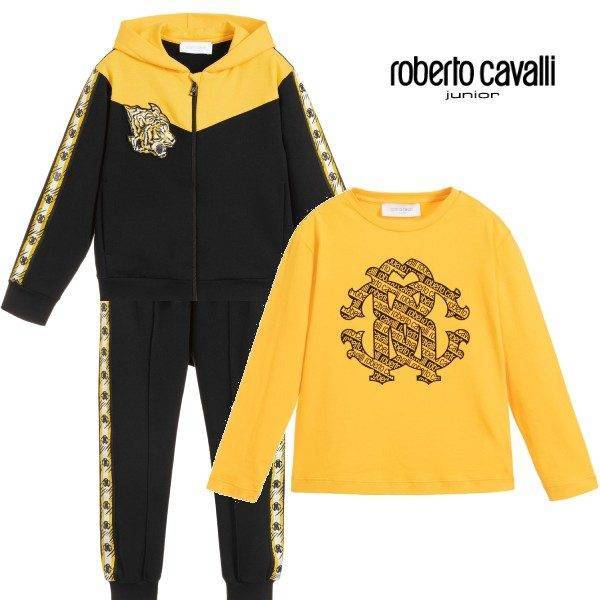 Roberto Cavalli Boys Black & Yellow Tiger Zip-Up Hoodie Sweatshirt Yellow RC Logo T-Shirt Black Joggers