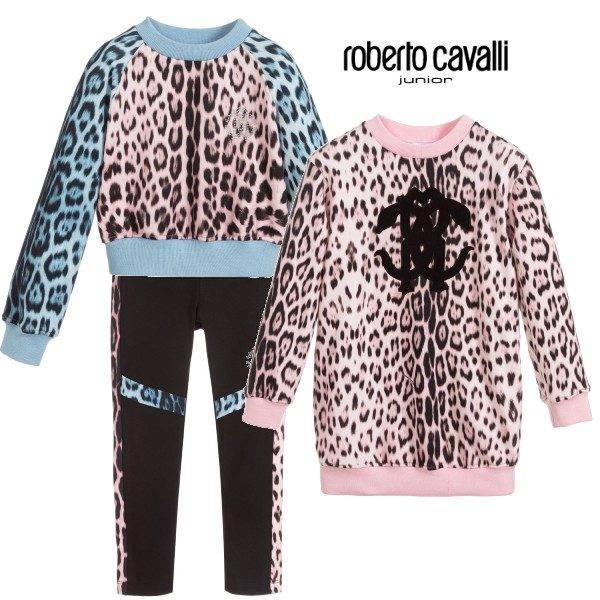 Roberto Cavalli Junior Girls Blue & Pink Leopard Print Sweatshirt & Black Leggings