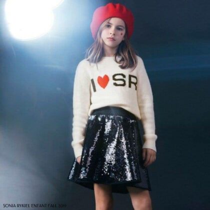 Sonia Rykiel Paris Girls Ivory Heart Logo Sweater Black Sequin Skirt