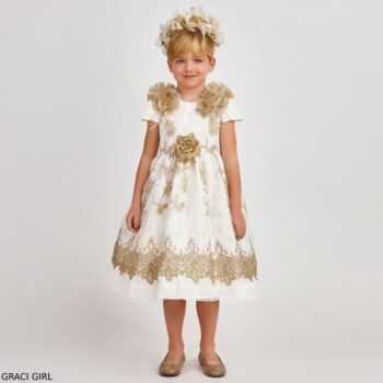 Graci Girl Ivory Gold Flower Feather Tulle Party Dress