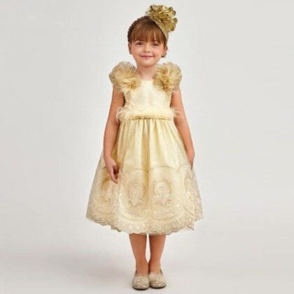 Graci Girls Gold Tulle Lace Feather Party Dress