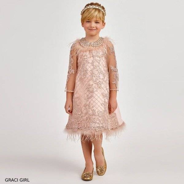 Graci Girls Pink Sequin Feather Embroidered Party Dress