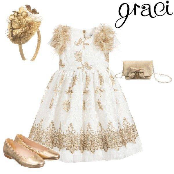 Graci Little Girl Ivory Gold Flower Feather Tulle Party Dress Outfit