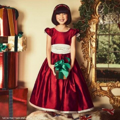 Nicki Macfarlane Girls Christmas Red Silver Silk Penelope Ballerina Length Dress