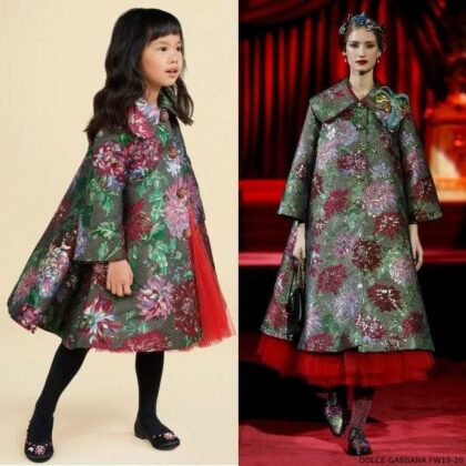 Dolce Gabbana Girl Mini Me Green Floral Coat Runway