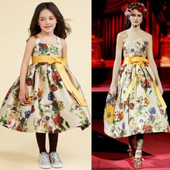 Dolce Gabbana Girls Gold Mini Me Floral Print Runway Dress