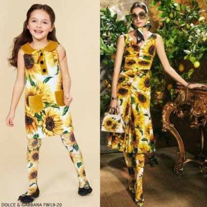 Dolce and Gabbana Girls Mini Me Yellow Sunflowers Crepe Dress