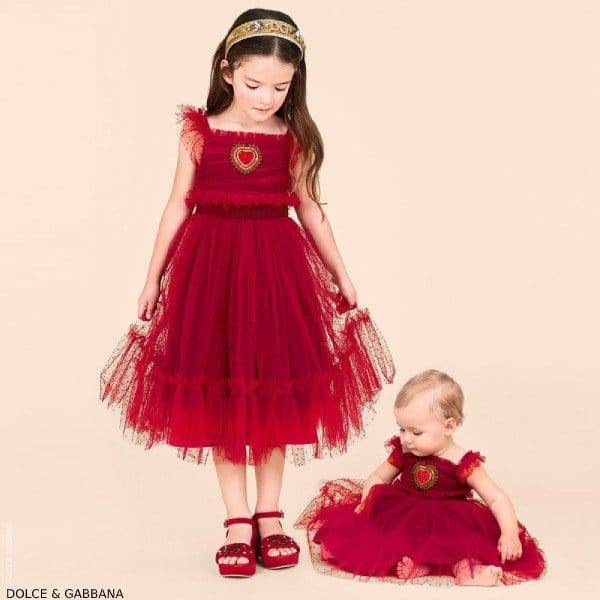 Dolce Gabbana Girls Red Tulle Gold Heart Party Dress