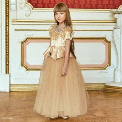 Junona Girl Gold Satin Feather Top Tulle Skirt Outfit