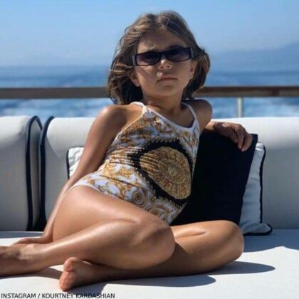 Penelope Disick Young Versace Black & Gold Baroque Swimsuit