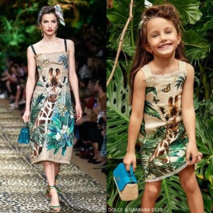 Dolce & Gabbana Girls Mini Me Beige Linen Giraffe Runway Dress