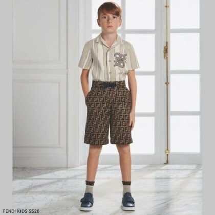 Fendi Boy Beige Linen Striped Shirt Brown FF Logo Shorts
