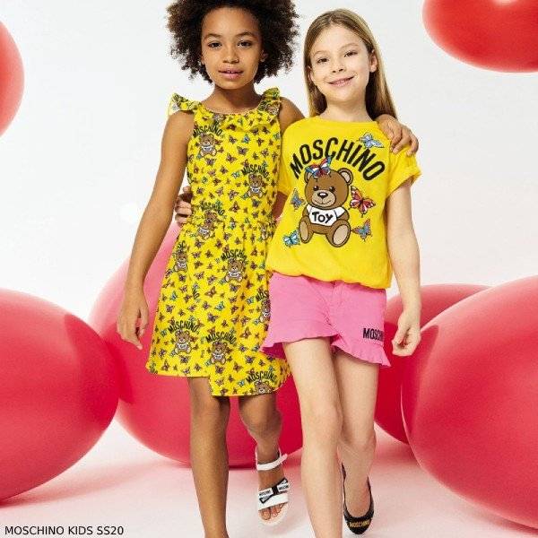 Moschino Girl Yellow Beige Teddy Bears Logo Butterflies Dress