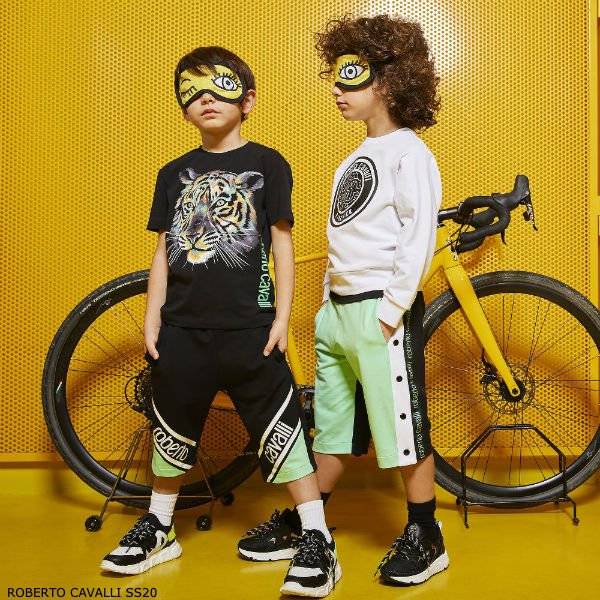Roberto Cavalli Junior Boy Boys Black Cotton Tiger T-Shirt & Green Logo Shorts