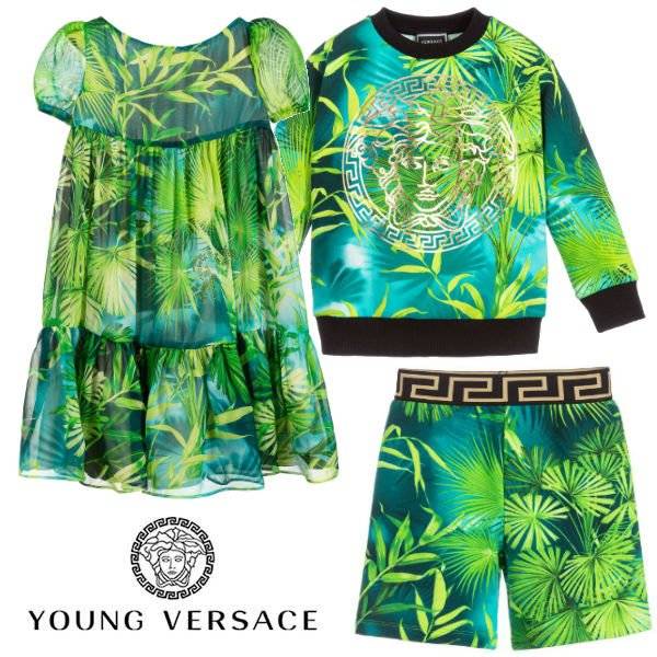 Young Versace Girl Mini Me Green Jungle Print Silk Dress