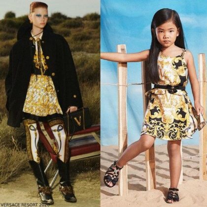 Young Versace Girl Mini Me White Gold Baroque Print Dress