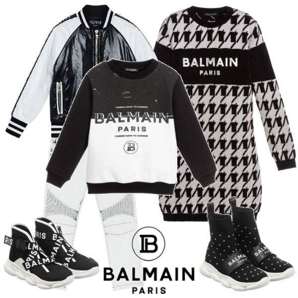 Balmain Girls Mini Me Pink Black Houndstooth Pattern Knit Dress Boys Black & White Logo Sweatshirt