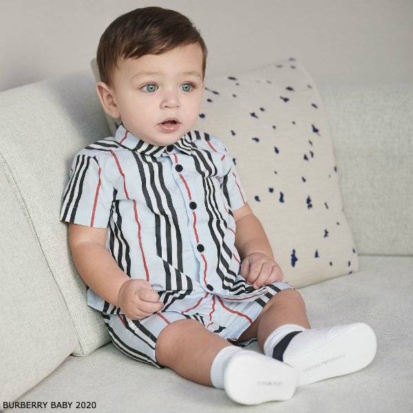 Burberry Baby Boys Blue & Red Stripe Cotton Shirt & Shorts