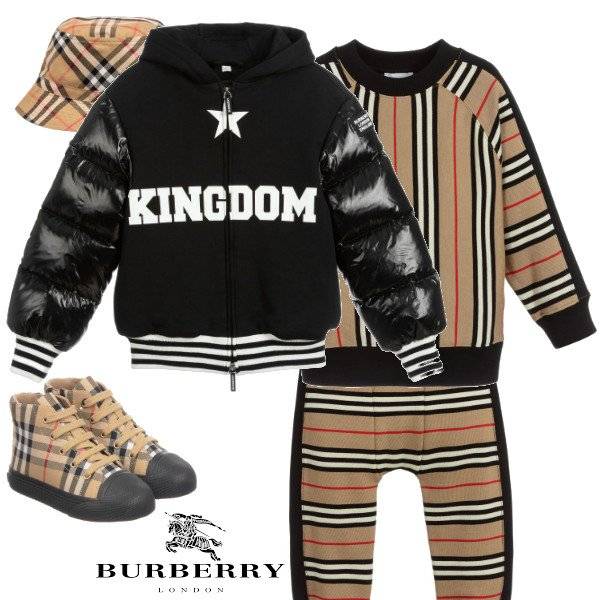 Burberry Boys Mini Me Black Kingdom Star Jacket Beige Stripe Sweatshirt Joggers Spring 2020