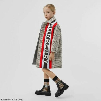 Burberry Girl Brown Houndstooth Check Tweed Wool Coat Logo Panel