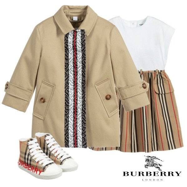 Burberry Kids Beige Monogram Stripe Print Cotton Trench Coat Beige Dress