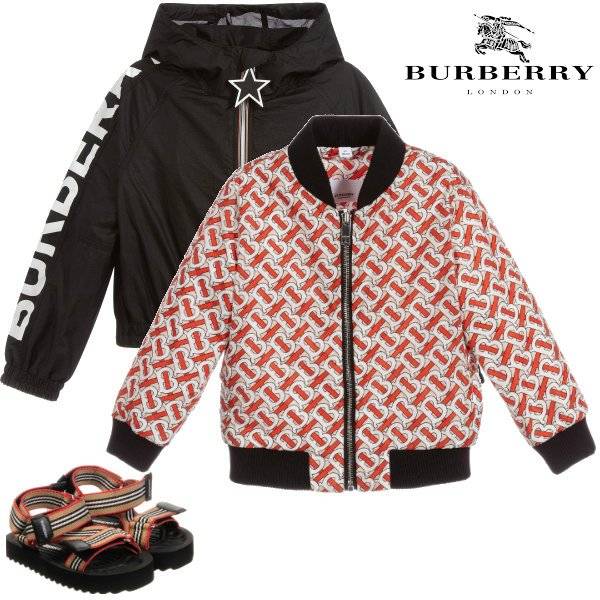 Burberry Kids Monogram Red & Beige Print Bomber Jacket Black Logo Jacket