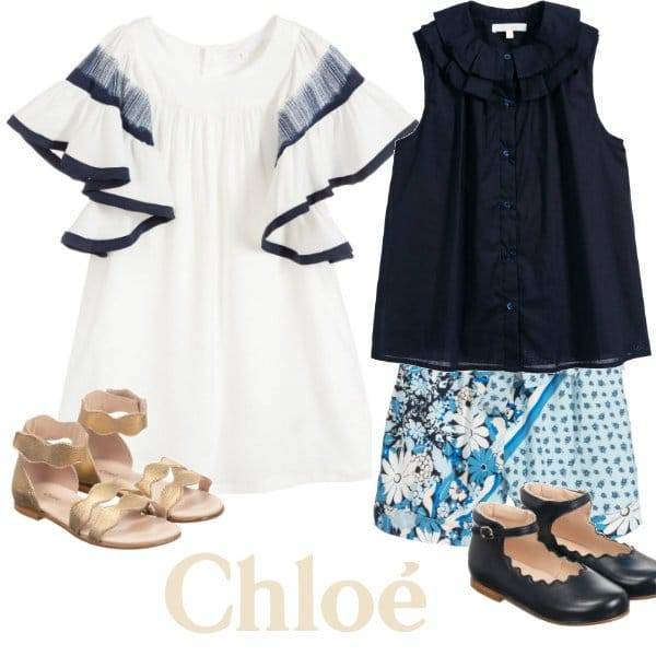 Chloe Girl Mini Me Ivory Blue Silk Dress Blue Shirt Floral Print Shorts