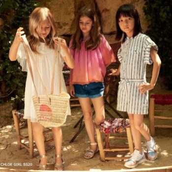 Chloe Girls Mini Me Pink Orange Silk Blouse Blue Denim Shorts White & Blue Playsuit