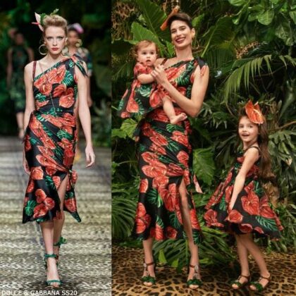 Dolce & Gabbana Girls Mini Me Black & Red Laceleaf Floral Print Runway Dress