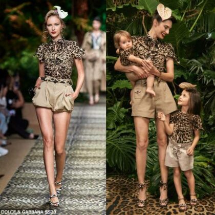 Dolce & Gabbana Girls Mini Me Brown Leopard Print T-Shirt Beige Shorts