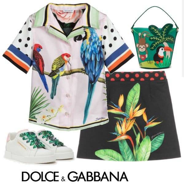 Dolce & Gabbana Girls Mini Me Pink Silk Tropical Bird Shirt & Black Strelitzia Flower Skirt Spring 2020