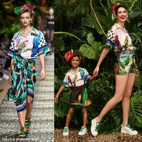 Dolce & Gabbana Girls Mini Me Pink Silk Tropical Bird Shirt & Black Strelitzia Flower Skirt